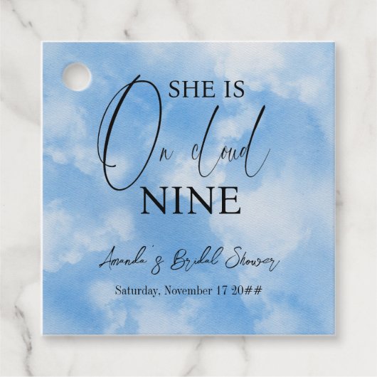 Op Cloud Nine 9 Calligrafie Blauwe Bruiloftsborrel Bedankjes Labels (Voorkant)