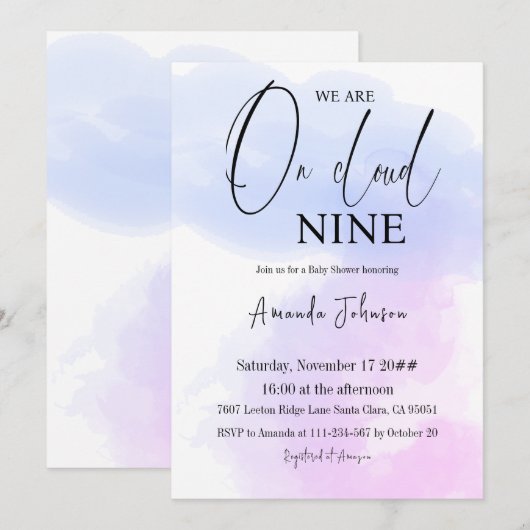 Op Cloud Nine Calligrafie Blauw Roze Baby shower Kaart (Voorkant / Achterkant)