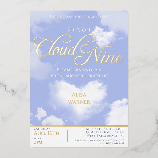 Op Cloud Nine Elegant Hart Blauwe Lucht Bruiloft F Folie Uitnodiging (Voorkant)