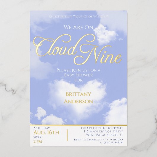 Op Cloud Nine Elegant Script Baby shower Gold Folie Uitnodiging (Voorkant)