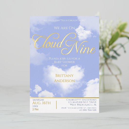 Op Cloud Nine Elegant Script Baby shower Gold Folie Uitnodiging (Staand Voorkant)