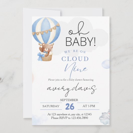 Op Cloud Nine Modern Blue Baby Shower Kaart (Voorkant)