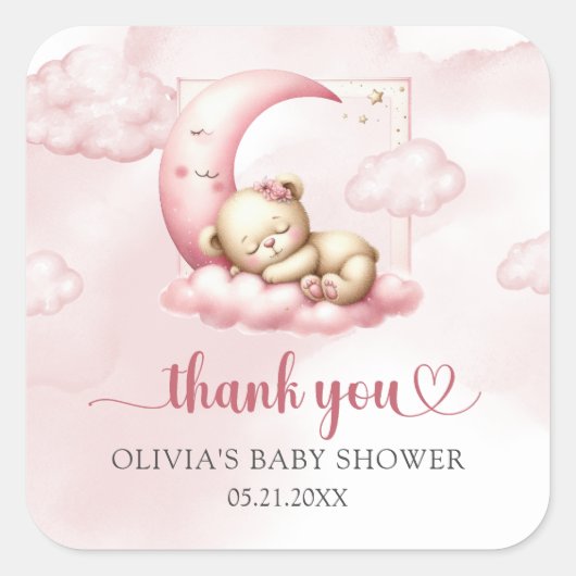 Op Cloud Nine Modern Roze Meisje Baby shower stick Vierkante Sticker (Voorkant)