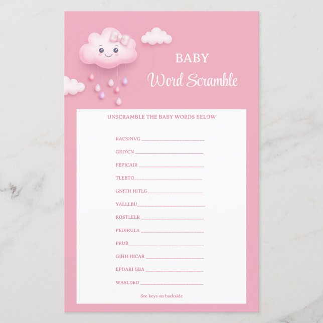 Op Cloud Nine Modern Roze Meisje Baby Word Scrambl (Voorkant)