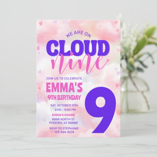 Op Cloud Nine Pink 9e verjaardagsfeestje Kaart (Staand voorkant)