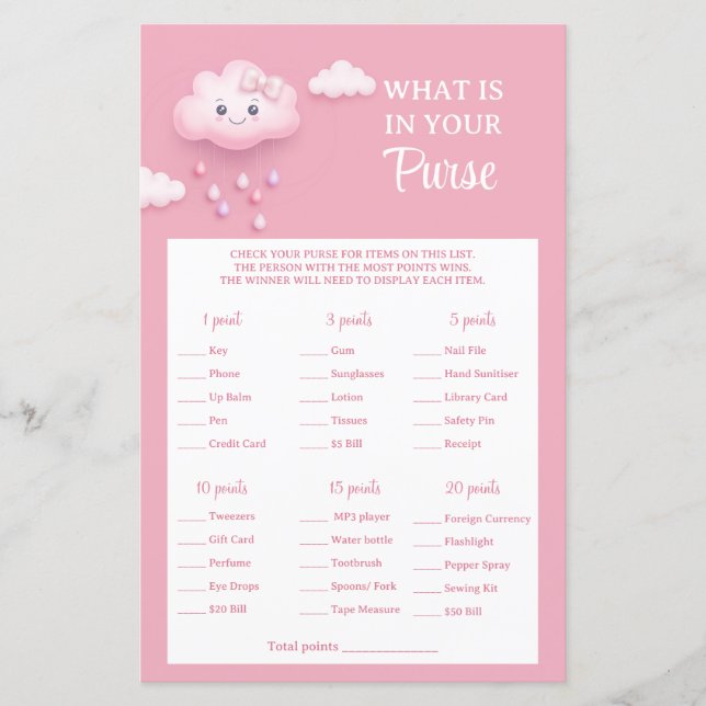 Op Cloud Nine Pink Wat zit er in je tas spel (Voorkant)
