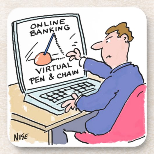 Op Computer Online Banking Funny Cartoon Bier Onderzetter (Voorkant)
