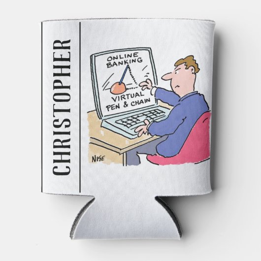 Op Computer Online Banking Funny Cartoon Blikjeskoeler (Voorkant)