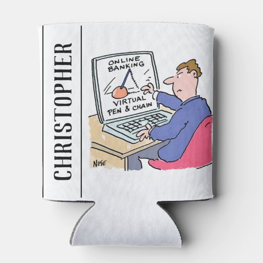 Op Computer Online Banking Funny Cartoon Blikjeskoeler (Achterkant)