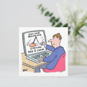Op Computer Online Banking Funny Cartoon Feestdagenkaart (Staand voorkant)