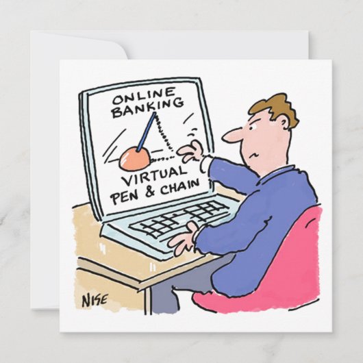 Op Computer Online Banking Funny Cartoon Feestdagenkaart (Voorkant)
