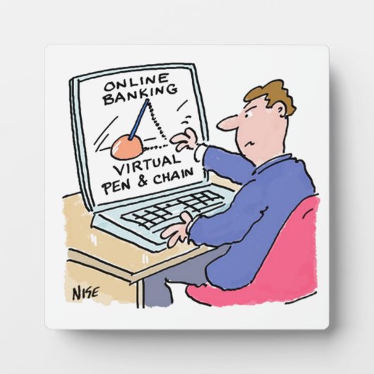 Op Computer Online Banking Funny Cartoon Fotoplaat (Voorkant)