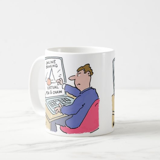 Op Computer Online Banking Funny Cartoon Koffiemok (Voorkant links)