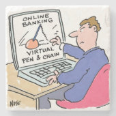 Op Computer Online Banking Funny Cartoon Stenen Onderzetter (Voorkant)