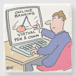 Op Computer Online Banking Funny Cartoon Stenen Onderzetter