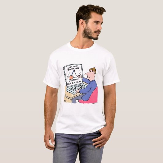 Op Computer Online Banking Funny Cartoon T-shirt (Voorkant volledig)