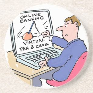 Op Computer Online Banking Funny Cartoon Zandsteen Onderzetter