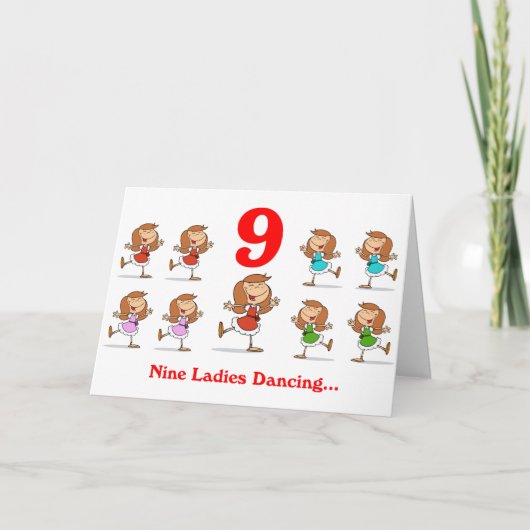 Op de 9e kerstdag negen dames dansen feestdagen kaart (Voorkant)