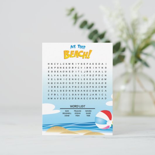 Op de Beach Word Search Activity Card Briefkaart (Staand voorkant)