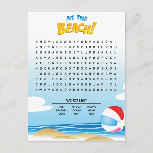 Op de Beach Word Search Activity Card Briefkaart (Voorkant)