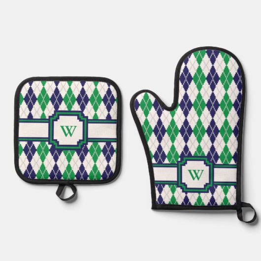 Op de groene argyle ovenwant & pannenlap set (Voorkant)