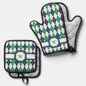 Op de groene argyle ovenwant & pannenlap set (Voorkant / Achterkant)