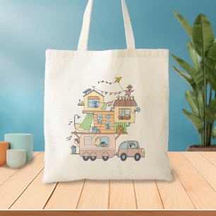 Op de kampeeraanhangwagen van de wegfamilie tote bag