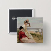 Op de strand vierkante button 5,1 cm (Voorkant /achterkant)