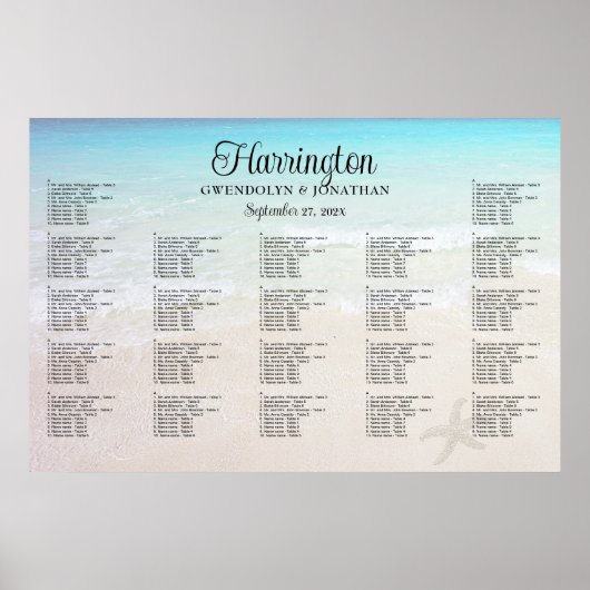 Op de Zee Beach Wedding Reception Seating Chart Poster (Voorkant)