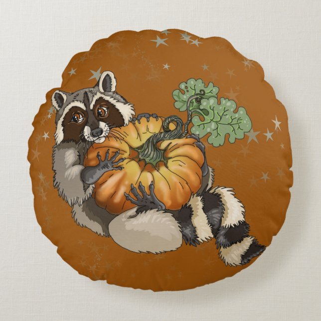 Op een Roll Raccoon Pumpkin Autumn Rond Kussen (Voorkant)