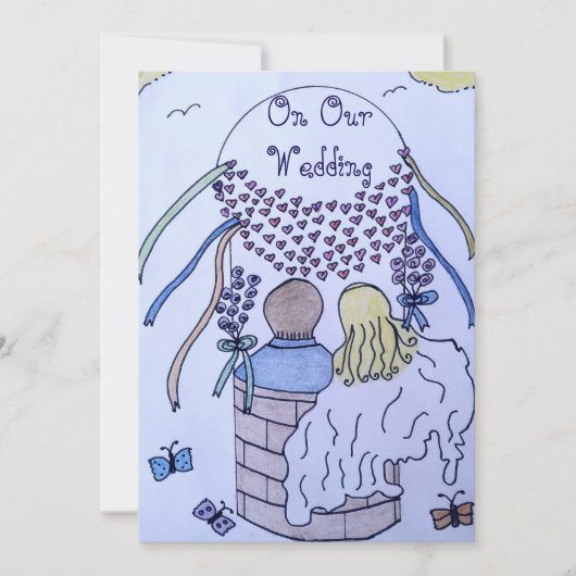 Op en af in een hete luchtballon bruiloft uitnodig kaart (Voorkant)