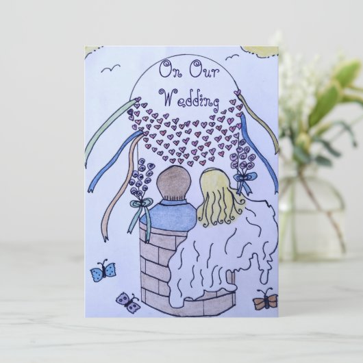 Op en af in een hete luchtballon bruiloft uitnodig kaart (Staand voorkant)