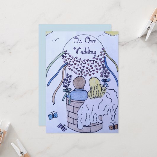 Op en af in een hete luchtballon bruiloft uitnodig kaart (Voorkant / Achterkant in situ)