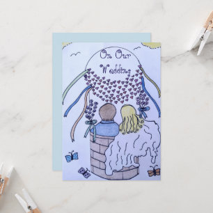 Op en af in een hete luchtballon bruiloft uitnodig kaart