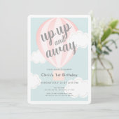 Op en af roze heteluchtballon 1e verjaardag kaart (Staand voorkant)