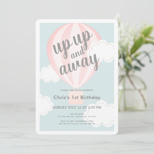 Op en af roze heteluchtballon 1e verjaardag kaart (Staand voorkant)