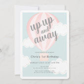 Op en af roze heteluchtballon 1e verjaardag kaart (Voorkant)