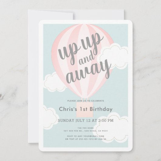 Op en af roze heteluchtballon 1e verjaardag kaart (Voorkant)