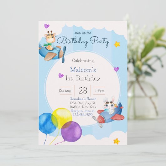 Op- en afreisvliegtuig 1e verjaardag uitnodiging v (Staand voorkant)