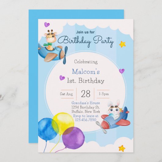 Op- en afreisvliegtuig 1e verjaardag uitnodiging v (Voorkant / Achterkant)