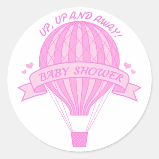 Op en uit, roze heteluchtballon baby shower ronde sticker (Voorkant)