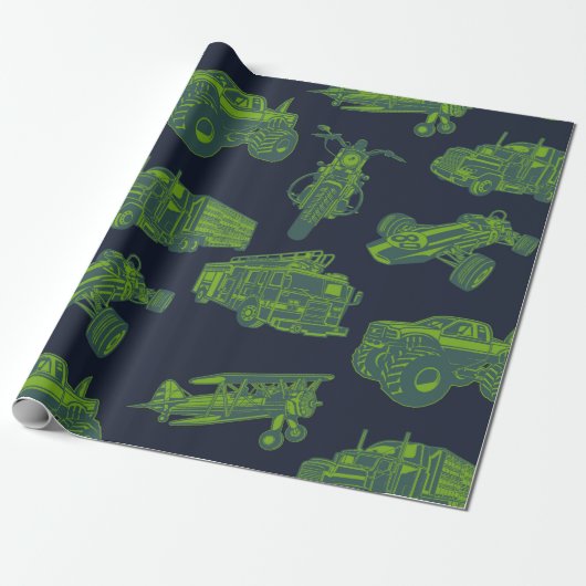 Op Go Blue en Green Moving Vehicles Cadeaupapier (Uitgerold)
