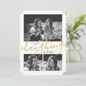 Op gouden kerst lachen met fotosneeuw feestdagenkaart (Staand voorkant)