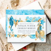 Op grond van de Zee Blue Gold Summer Wedding Invit Kaart