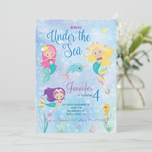 Op grond van het Zee Mermaid Birthday Invitation Kaart (Staand voorkant)