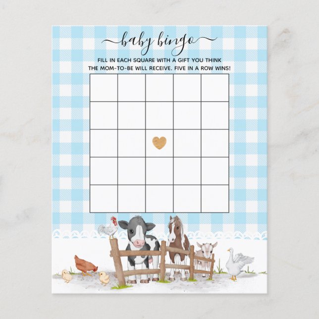 Op het Baby shower Bingo Game van landbouwdieren (Voorkant)
