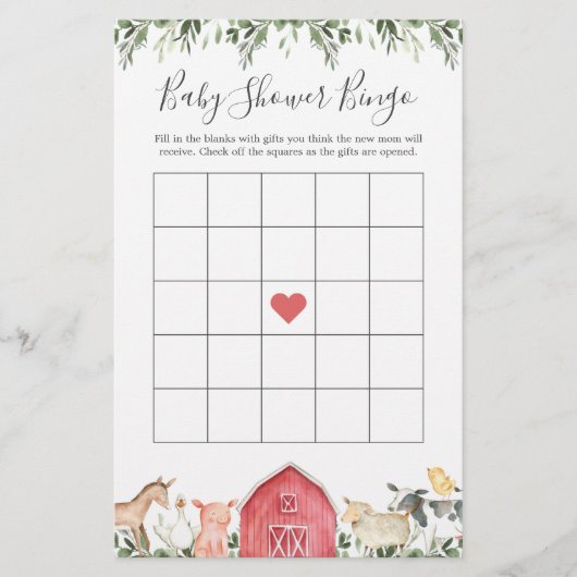 Op het Baby shower Bingo Game van landbouwdieren (Voorkant)