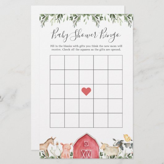 Op het Baby shower Bingo Game van landbouwdieren (Voorkant / Achterkant)