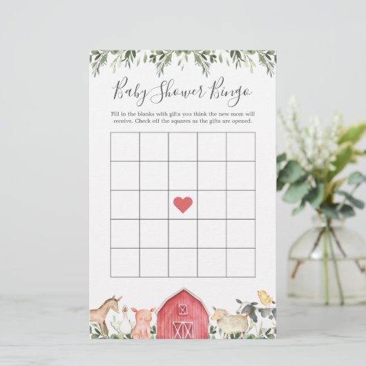 Op het Baby shower Bingo Game van landbouwdieren (Staand voorkant)