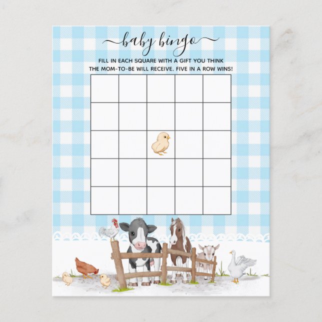 Op het Baby shower Bingo Game van landbouwdieren (Voorkant)